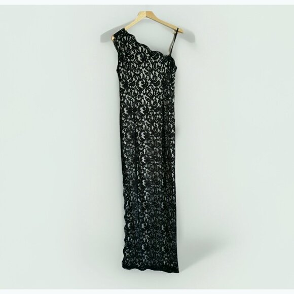 Vintage Cache Black Floral Lace One Shoulder Maxi Dress Sz 14 Romantic Cocktail - Picture 1 of 8